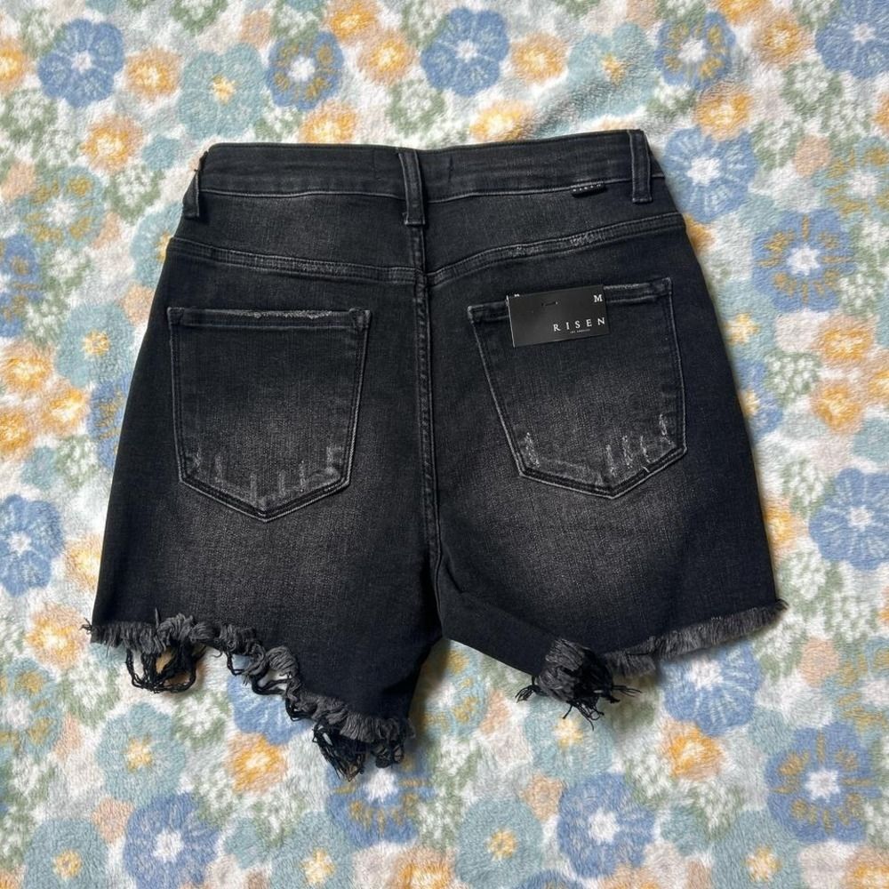 Risen Los Angeles Black distressed ripped denim asymmetrical short Women's M NWT - Picture 2 of 5